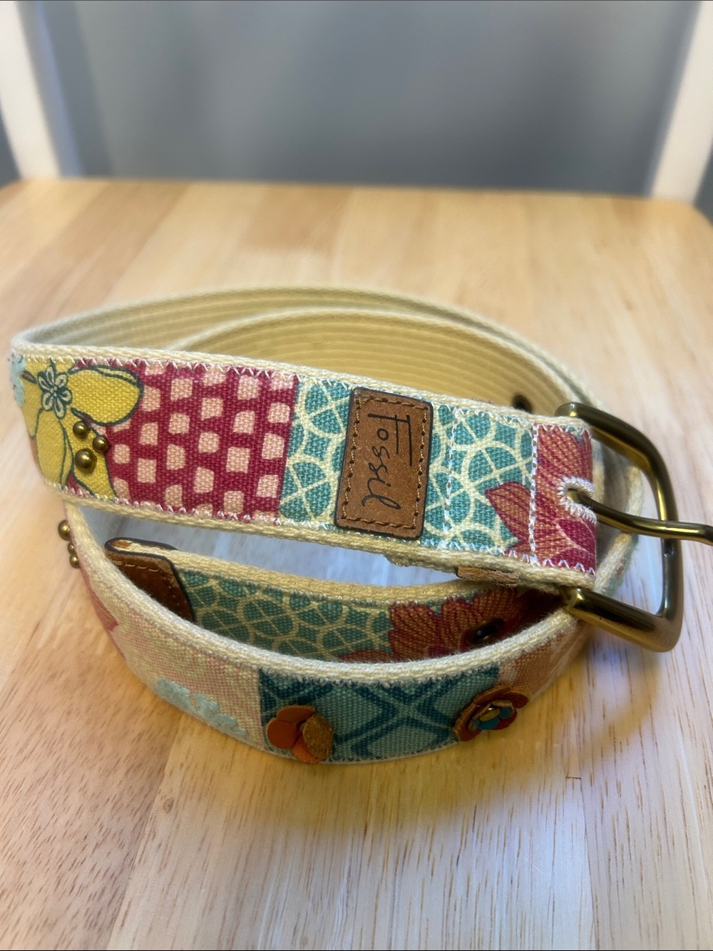 VTG Fossil Emmy Floral Boho Patchwork Belt with Leather flowers and Metal Beads